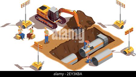 Builders with construction vehicle and lighting equipment during laying of pipes isometric composition vector illustration Stock Vector