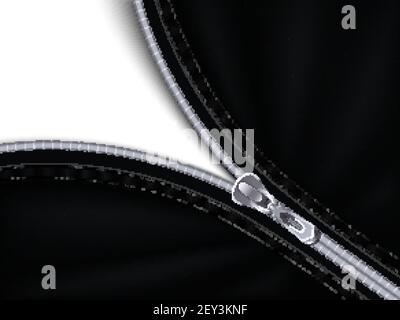 Half closed grey plastic zipper sewing to black fabric abstract background realistic vector illustration Stock Vector