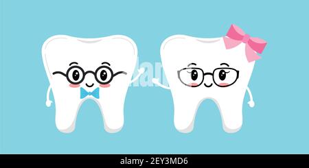 Cute tooth dentistry character girl and boy in glasses with bow. Stock Vector