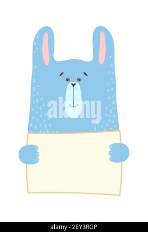 Cute cartoon rabbit animal holding tag sign with copy space. set greeting card banner invitation flyer brochure. cartoon hand drawn style. Little pets with blank marksign information plate Stock Vector