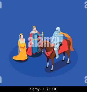 Medieval chivalry isometric composition king and queen knight in armor on horse on blue background vector illustration Stock Vector