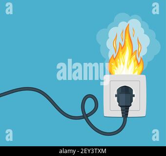 Socket and plug on fire from overload. Stock Vector