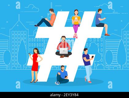 Hashtag concept. people using mobile Stock Vector