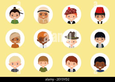 User icons of men of different nation on light background. Cartoon flat style. Vector illustration. Stock Vector