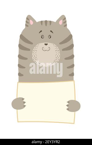 Cute cartoon cat animal holding tag sign with copy space. set greeting card banner invitation flyer brochure. cartoon hand drawn style. Little pets with blank marksign information plate Stock Vector