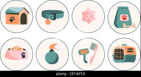 Set of vector icons. Booth, dog collar, ball, bowl of food, brushes, carrier. Objects isolated on white background, cartoon style. Stock Vector