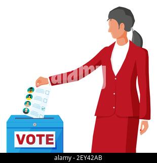 Woman putting document with candidates in ballot box. Hand with election bill. Vote paper with faces. Vector illustration in flat style Stock Vector