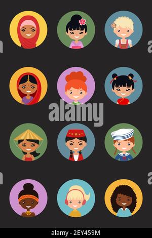 Icons set of users of women of different nationalities on dark background. Cartoon flat style. Vector illustration. Stock Vector