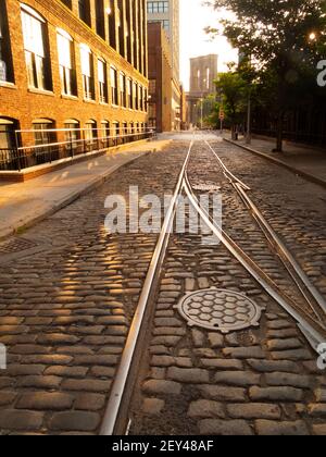 old railroad tracks in DUMBO near the Brooklyn Bridge park in New York City Stock Photo
