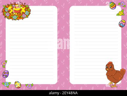 Easter theme. Colored sheet template for notes. Paper page for art journal, notebook, diary, letters, schedule, organizer. Cute cartoon character. Lin Stock Vector