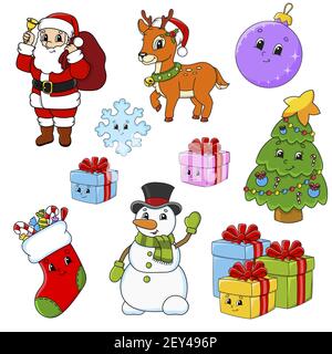 Set of stickers with cute cartoon characters. Christmas theme. Hand