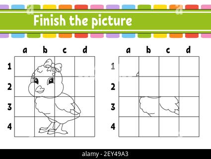 Easter theme. Finish the picture. Coloring book pages for kids. Education developing worksheet. Game for children. Handwriting practice. Cartoon chara Stock Vector