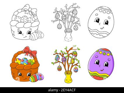 Easter theme. Set coloring page for kids. Cute cartoon characters. Black stroke. With sample. Vector illustration. Stock Vector