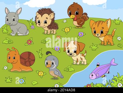 Set animals. Cute cartoon characters. Pet clipart. Hand drawn. Colorful pack. Vector illustration. Patch badges collection. Label design elements. For Stock Vector