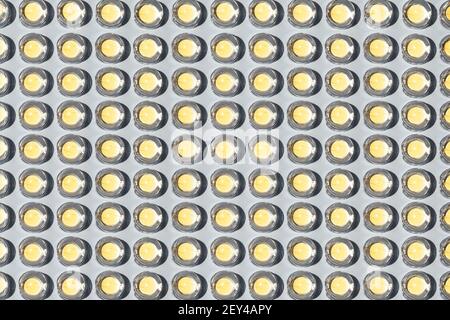 Top view real high Power Led Light Bulb Background and texture. Led bulbs arranged in a row. Stock Photo