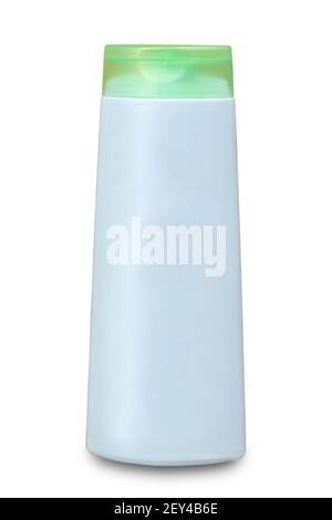 Blank shampoo bottle with disc press cap for branding and mock up. White empty bottle with green bottle cap isolated on white background. Stock Photo
