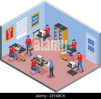 Service centre isometric composition with indoor view of repair shop room interior with working people characters vector illustration Stock Vector