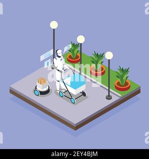 Home robots taking care of children isometric background composition with humanoid babysitter walking with pram vector illustration Stock Vector