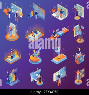 People and interface isometric icons set with smartphone touchscreen 3d data analysis transfer communication isolated vector illustration Stock Vector