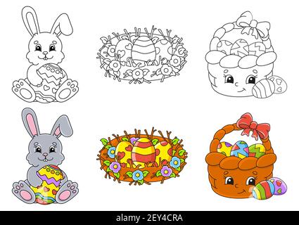 Easter theme. Set coloring page for kids. Cute cartoon characters. Black stroke. With sample. Vector illustration. Stock Vector