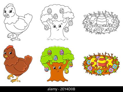 Easter theme. Set coloring page for kids. Cute cartoon characters. Black stroke. With sample. Vector illustration. Stock Vector