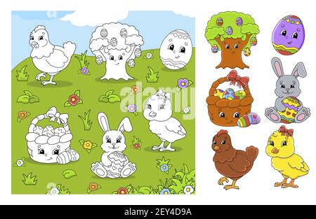 Set of cute cartoon characters. Easter clipart. Hand drawn. Colorful pack. Vector illustration. Patch badges collection. Label design elements. For da Stock Vector