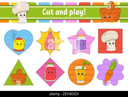 Cut and play. Educational activity worksheet for kids and toddlers. Game for children. Happy characters. Simple flat color isolated vector illustratio Stock Vector