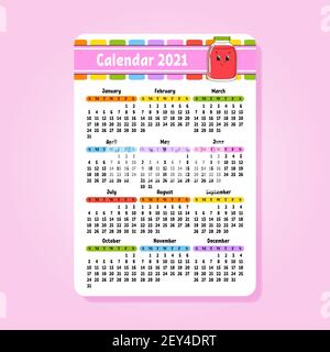 Calendar 2021 for kids. Isolated vector illustration. Funny character. Cartoon style. Stock Vector
