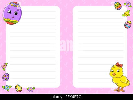 Easter theme. Colored sheet template for notes. Paper page for art journal, notebook, diary, letters, schedule, organizer. Cute cartoon character. Lin Stock Vector