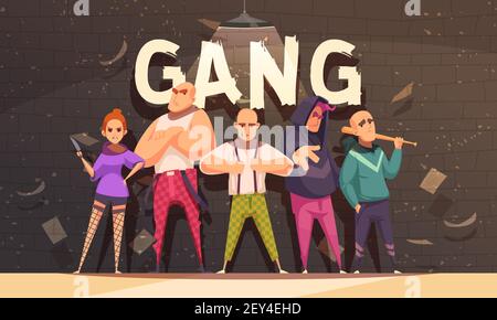 Criminal background with set of five flat cartoon characters of outcast persons with grunge style background vector illustration Stock Vector