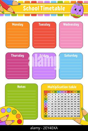 School timetable with multiplication table. For the education of children. Isolated on a white background. With a cute cartoon character. Stock Vector
