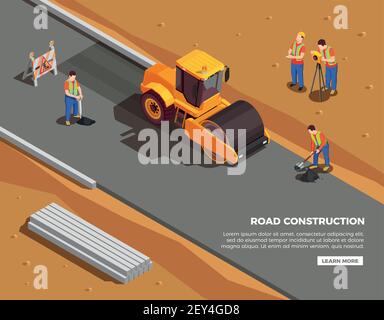 Builders and surveyors with machinery and warning signs during road construction isometric composition vector illustration Stock Vector