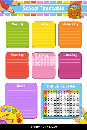 School timetable with multiplication table. For the education of children. Isolated on a white background. With a cute cartoon character. Stock Vector