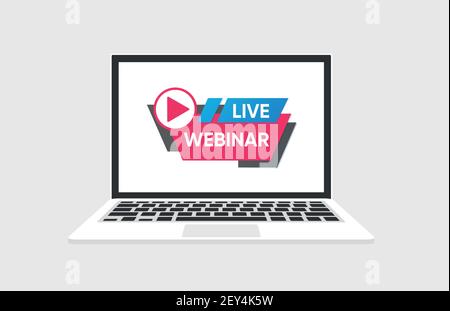 Live webinar online with play button on laptop, online webinar computer screen. Stock Vector