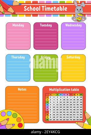 School timetable with multiplication table. For the education of children. Isolated on a white background. With a cute cartoon character. Stock Vector