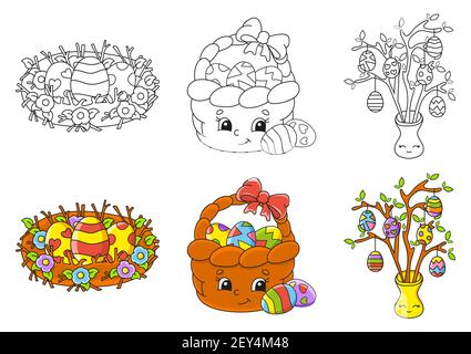 Easter theme. Set coloring page for kids. Cute cartoon characters. Black stroke. With sample. Vector illustration. Stock Vector