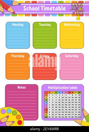 School timetable with multiplication table. For the education of children. Isolated on a white background. With a cute cartoon character. Stock Vector