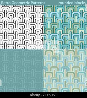 Four different versions of a seamless pattern fill with retro-looking geometric motifs. Stock Vector
