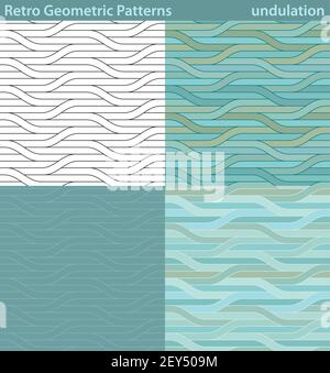 Four different versions of a seamless pattern fill with retro-looking geometric motifs. Stock Vector