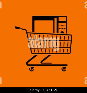 Shopping Cart With Microwave Oven Icon. Black on Orange Background. Vector Illustration. Stock Vector
