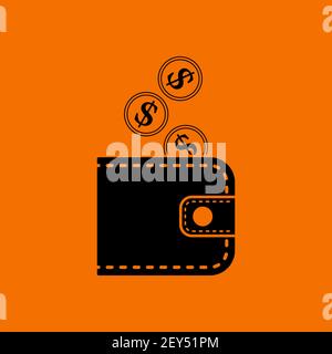 Golden Coins Fall In Purse Icon. Black on Orange Background. Vector Illustration. Stock Vector