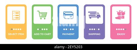 Concept of shopping process with 5 successive steps. Five colourful graphic elements. Timeline design for brochure, presentation, web site. Stock Vector
