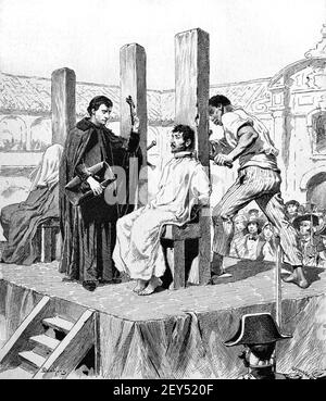 Capital Pubnishment, Death Sentence or Execution by Strangling in Presence of Priest in Cuba 1896 Vintage Illustration or Old Engraving Stock Photo