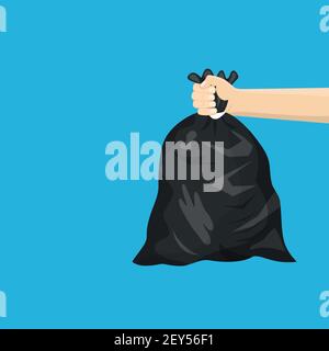 Man holding black plastic trash bag in his hand Stock Vector