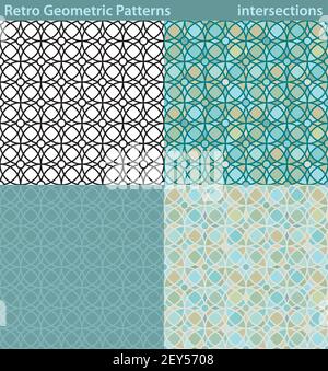 Four different versions of a seamless pattern fill with retro-looking geometric motifs. Stock Vector