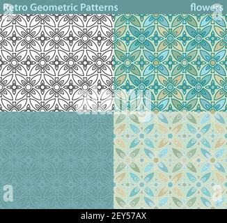 Four different versions of a seamless pattern fill with retro-looking geometric motifs. Stock Vector