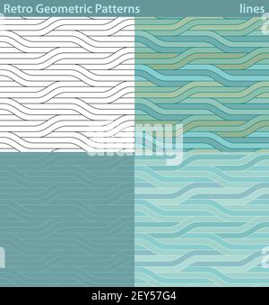 Four different versions of a seamless pattern fill with retro-looking geometric motifs. Stock Vector