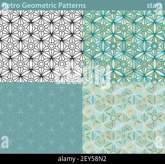 Four different versions of a seamless pattern fill with retro-looking geometric motifs. Stock Vector