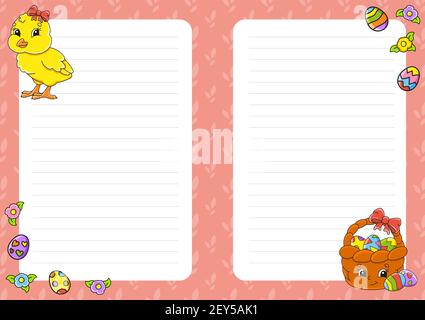 Easter theme. Colored sheet template for notes. Paper page for art journal, notebook, diary, letters, schedule, organizer. Cute cartoon character. Lin Stock Vector