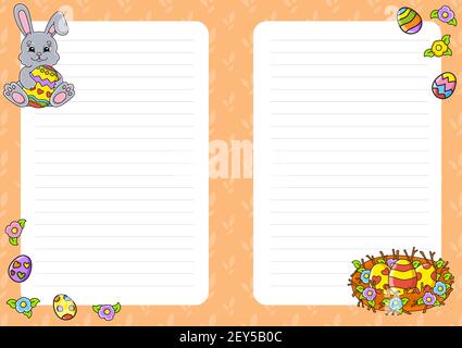 Easter theme. Colored sheet template for notes. Paper page for art journal, notebook, diary, letters, schedule, organizer. Cute cartoon character. Lin Stock Vector